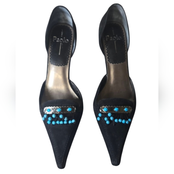 Paolo Black Suede Heels with Turquoise Bead Trim – Women’s 8 - Picture 1 of 7